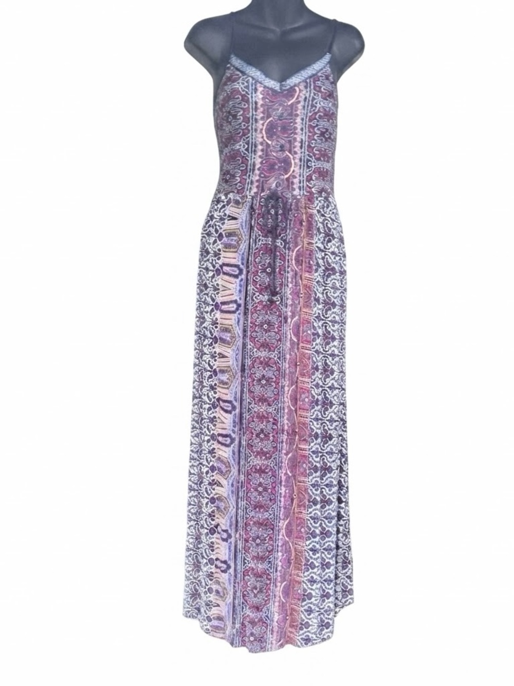 an Xhilaration Boho Geometric Maxi Dress featuring a purple, pink, and grey mixe